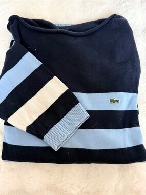Lacoste Cotton Blue Striped Sweater Wide Crew Neck